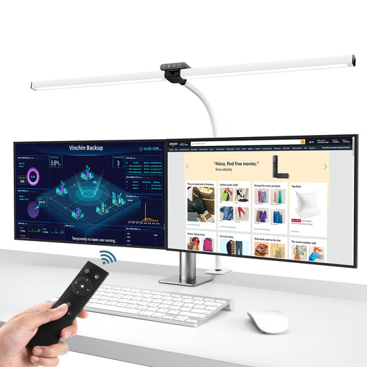 brightower Double Head Desk Lamp LED Dimmable, 24W 80CM Desk Lamp Clampable for Home Office, Daylight Lamp with Remote Controls, Gooseneck Office Table Lamp 5 Color Modes White