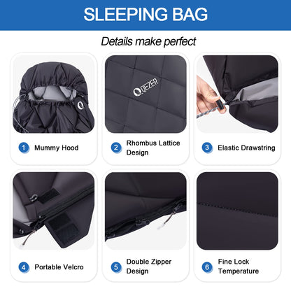 QEZER Summer Sleeping Bag, Ultralight Sleeping Bag with Small Pack Size filled with 600FP Down for Adults and Children Camping, Trekking, and Hiking Outdoors (Black)