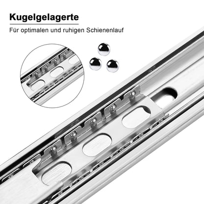 Lospitch 4 pairs of ball-bearing drawer slides 350 mm, 3-fold full extension ball-bearing slides with self-closing feature. Robust full extensions with 35 kg load capacity.