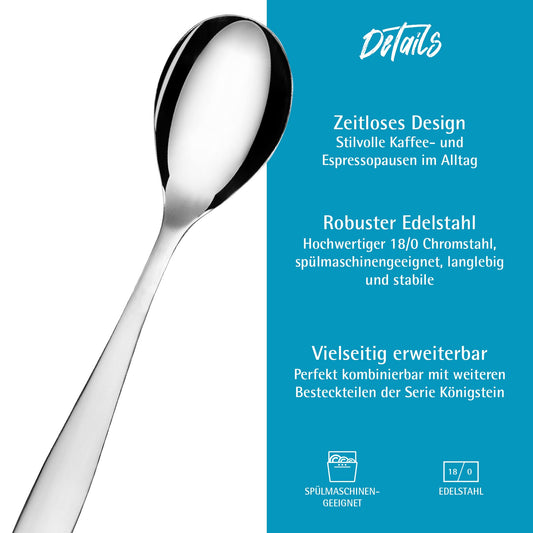 GRÄWE Espresso Spoon, Coffee Spoon Set, 24 Pieces, Teaspoon, Stainless Steel, Dessert Spoon, Demitasse Spoon, Sugar Spoon, Small Spoon, High Gloss Polished, Dishwasher Safe, Königstein Series.