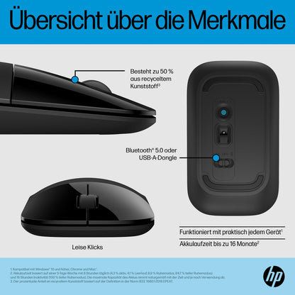 HP Z3700 wireless mouse | 1200 optical sensors | up to 16 months battery life | 2.4 GHz or Bluetooth connection | Plug & Play | Silver Gray
