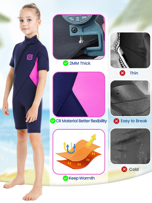 Summhall kids neoprene wetsuit, 2MM neoprene shorty for boys and girls. Thermal diving suit with ultra stretch wetsuits for water sports.