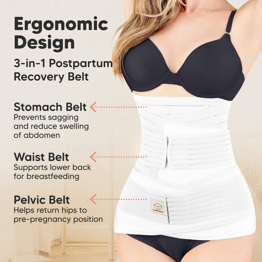 KeaBabies Revive 3 in 1 Postpartum Belt for Women - Belly Wrap After Birth C-Section, Postpartum Recovery Belt, Postpartum Belly Band, Pregnancy Belly Belt (Matte White, M/L)