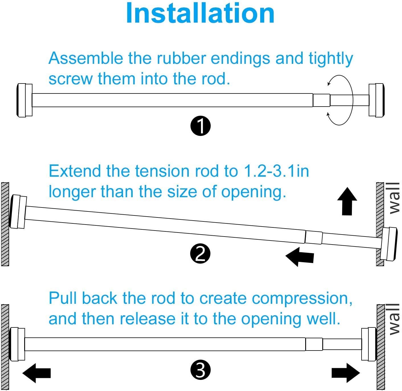 Telescopic pole silver 120cm-290cm shower curtain rod without drilling made of stainless steel extendable clothes rod adjustable by turning, secure grip for shower and bathtub 120 to 290cm