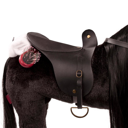 Goetz 3402783 Fighting horse black doll - large plush horse for standing dolls - height 37 cm - 52 cm big black and flexible horse with bridle and saddle