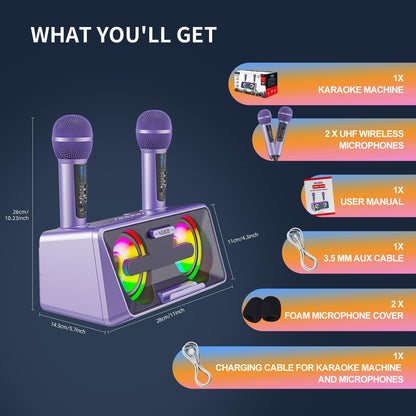 Karaoke Machine for Adults and Kids with 2 UHF Wireless Microphones, Portable Bluetooth Singing Speaker, PA System with Disco Lights, Cell Phone Holder for Home, Party, Picnic (Purple)