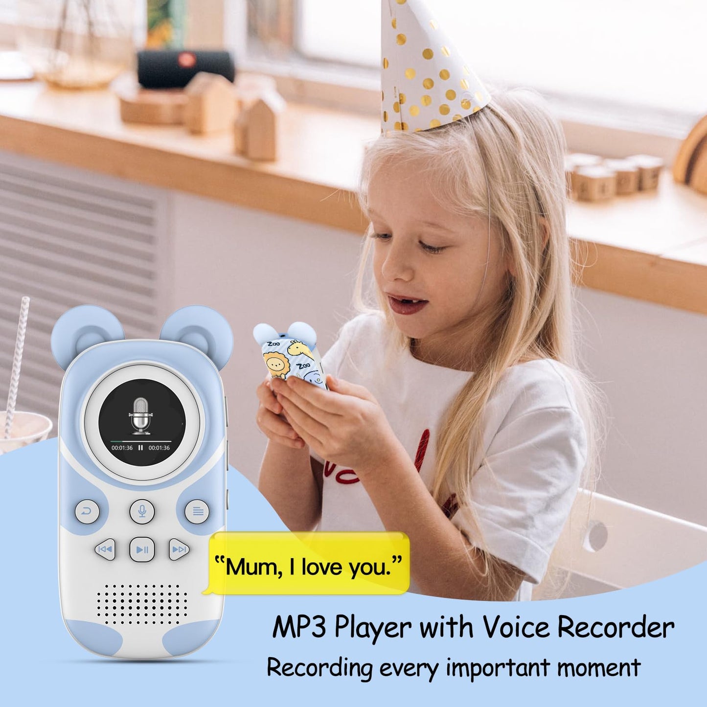 RUIZU 64GB MP3 Player for Kids Bluetooth 5.3 with headphones speaker Supports FM radio, alarm clock, one-touch recording, stopwatch function.