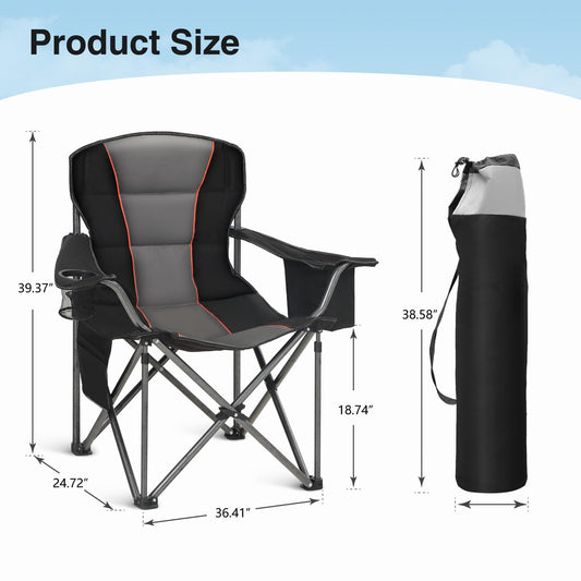 HIGH POINT SPORTS Folding Camping Chair 2-Pack 440lbs Foldable Padded Chair with Cup Holders XXL Folding Fishing Chair with Armrests Outdoor Chair Black
