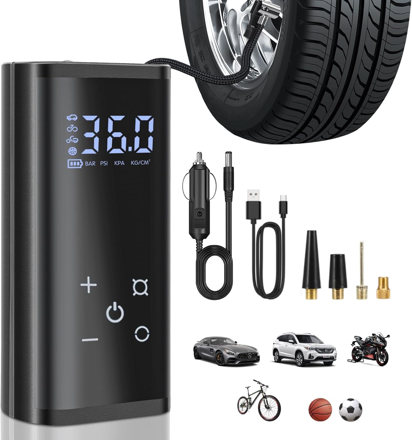 Electric air pump, 150 PSI portable battery compressor, 6000mAh bike pump air compressor for car bike motorcycle balls, touchscreen, rechargeable via USB-C, doubles as emergency light and power bank.