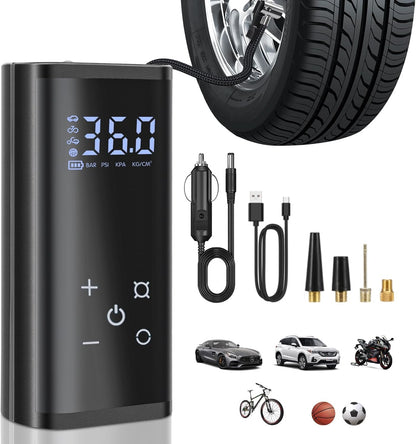 Electric air pump, 150 PSI portable battery compressor, 6000mAh bike pump air compressor for car bike motorcycle balls, touchscreen, rechargeable via USB-C, doubles as emergency light and power bank.