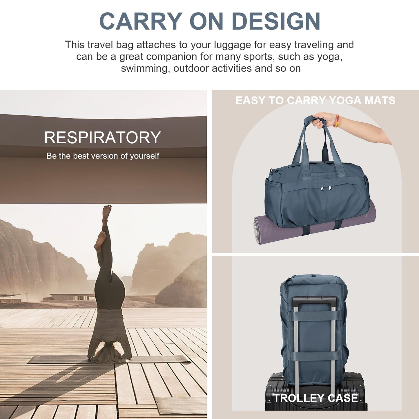 HYC00 Sport Duffel Bag Women's Gym Bag with Shoe Compartment, Travel Bag, Weekender, Carry-on Bag for Plane, Fitness Bag, Swim Bag, Training Bag, Overnight Bag, Royal Blue.