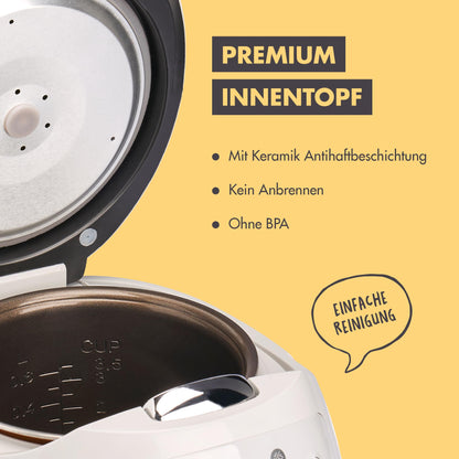 REISHUNGER Digital Rice Cooker small, gray | 0.6 L up to 3 people | Keep warm function, timer & premium pot | Small multicooker & steamer, 8 programs, 7-phase technology.