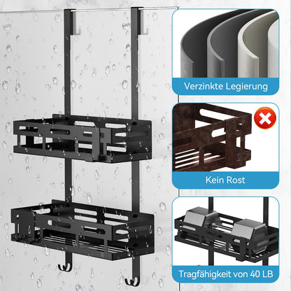 Reading tour shower shelf without drilling in black, hanging shower shelf for glass shower doors with 2 shower baskets, 4 fixed hooks, 1 glass wiper hook, and 2 movable hooks included.