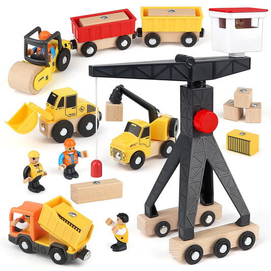 Vanplay construction vehicles kids crane toy wooden construction site toy for 3 years old boy with tower crane excavator crane truck dump truck road roller gift 3 4 5 years old boy