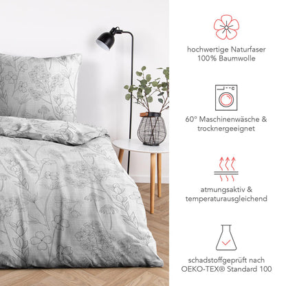 Pure label floral bedding 155x220 cm with one pillowcase 80x80 cm - Dreamily soft bedding set in grey made of 100% cotton with YKK zipper.