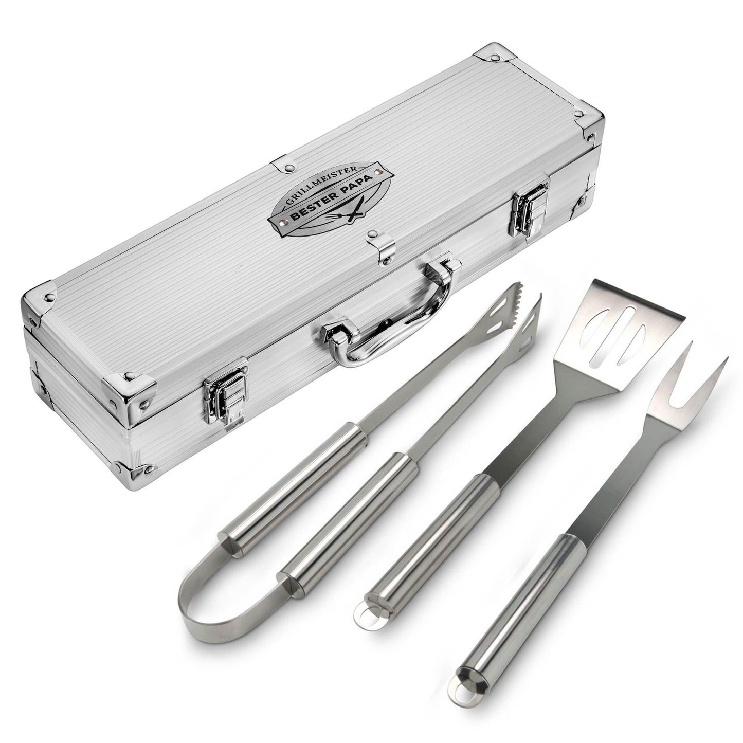 AMAVEL stainless steel BBQ set with utensils and engraving "Grillmaster & Best Dad", spatula, fork, and tongs, Father's Day gifts, gifts for men.