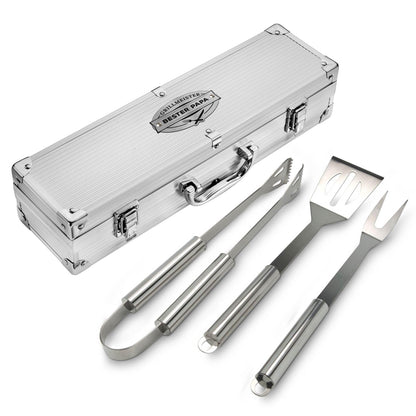 AMAVEL stainless steel BBQ set with utensils and engraving "Grillmaster & Best Dad", spatula, fork, and tongs, Father's Day gifts, gifts for men.