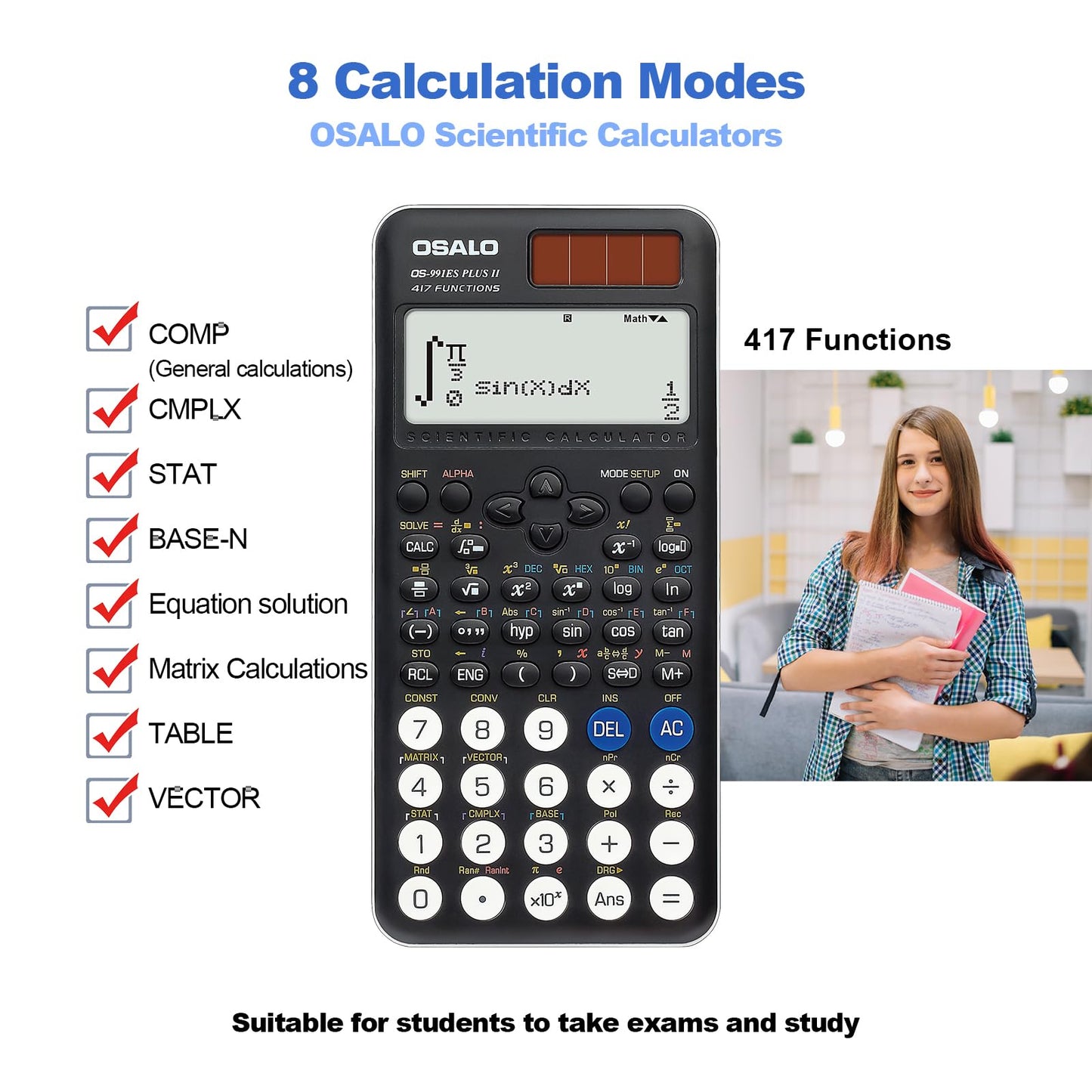 OSALO Scientific Calculator 417 Function 10+2 Digits Written Display Solar and Battery Calculator Protective Case for School Black (OS 991ES Plus 2nd Edition)