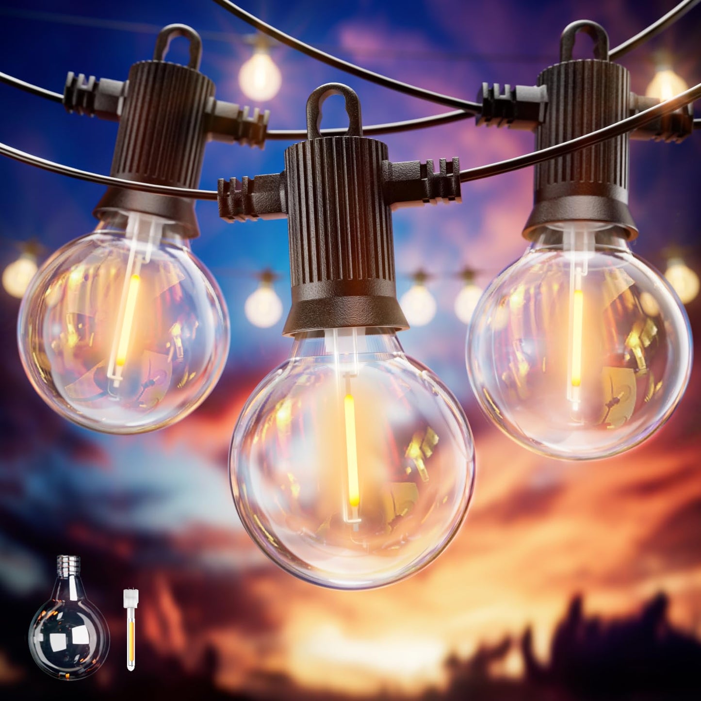 ZOTOYI 7.6M string lights with 12 bulbs and 1 spare bulb, IP65 waterproof G40 outdoor bulb string lights, 2700K warm white LED string lights for garden, terrace, trees, yard, patio, party.