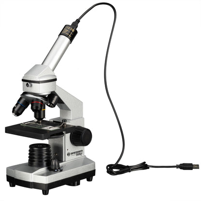 Bresser Junior Microscope Set 40x-1024x with USB camera and bright LED illumination for transmitted light observations, includes comprehensive accessory package and sturdy hard-shell case.