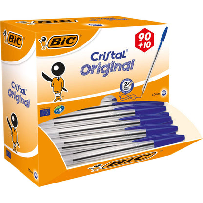 BIC Ballpoint Pen Set Cristal Original, in Blue, Line width 0.4 mm, 100 pack, Perfect for the office, home office, or school.
