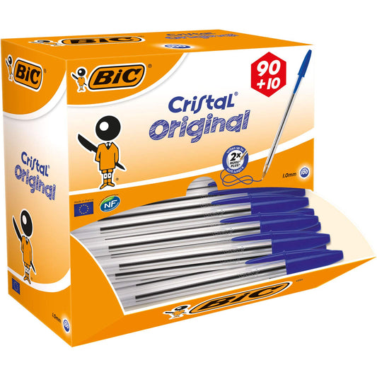 BIC Ballpoint Pen Set Cristal Original, in Blue, Line width 0.4 mm, 100 pack, Perfect for the office, home office, or school.
