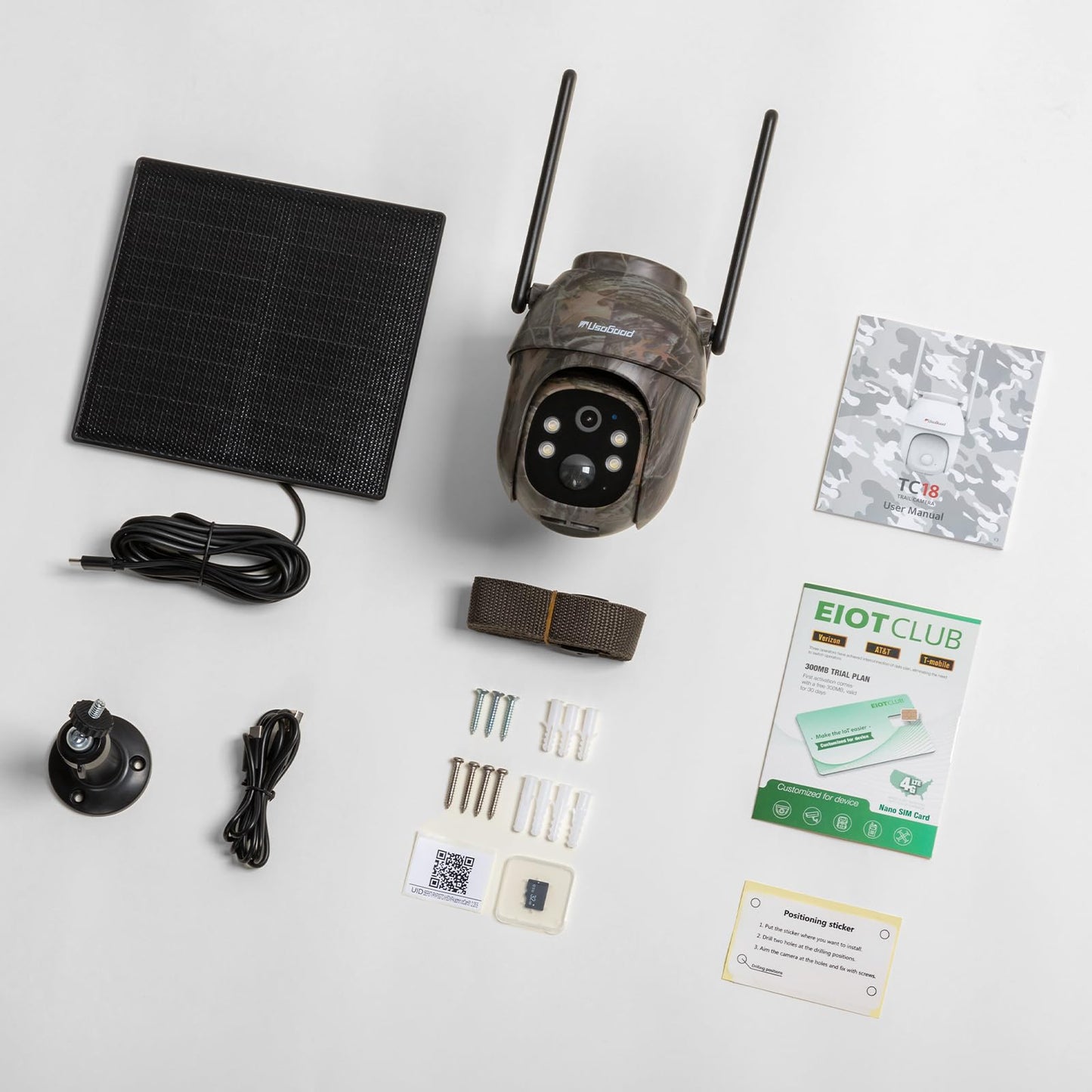 usogood 4G LTE Solar Wild Camera, 360° 2K Wildlife Camera with unlimited data plan, SIM card 32GB memory card, phone transfer app, IP66 waterproof.