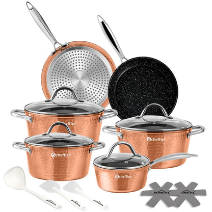 Cookware set, Scheffler 15-piece induction cookware set, induction pots with glass lids, pot and pan set, pots and pans, suitable for induction cooktops, stainless steel handles - Copper.