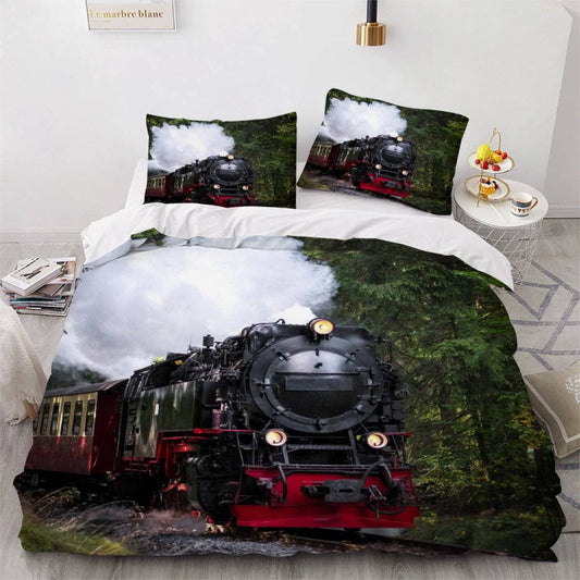 Aurorai bedding set steam locomotive train 3D print bedding 135x200 retro train duvet cover microfiber soft duvet covers with zipper 3 pieces with 2 pillowcases 80x80cm for boys.