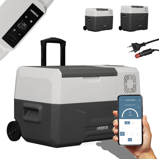 Arebos compressor cooler box with wheels 27 liters | Electric freezer box with APP & smart control | Mobile cooler with USB connection | up to -20 °C | 12/24 V 230V | for car, truck, camping, boat, motorhome