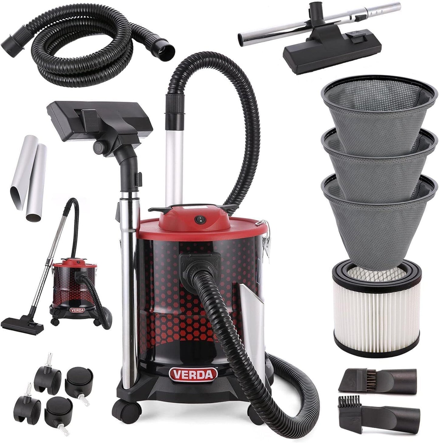 Ash vacuum 20L 1650W fireplace vacuum with HEPA filter + 3X bag filter, 2m suction hose + 4 wheels vacuum cleaner ash vacuum for fireplace SN184