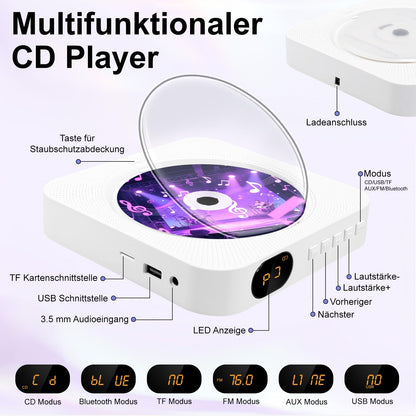 Canareen CD Player Bluetooth, Portable CD Player with Speaker, Front Display FM Radio CD Player Built-in, supports AUX/USB, Timer, Headphone Jack for Gift, Home, Kids, White
