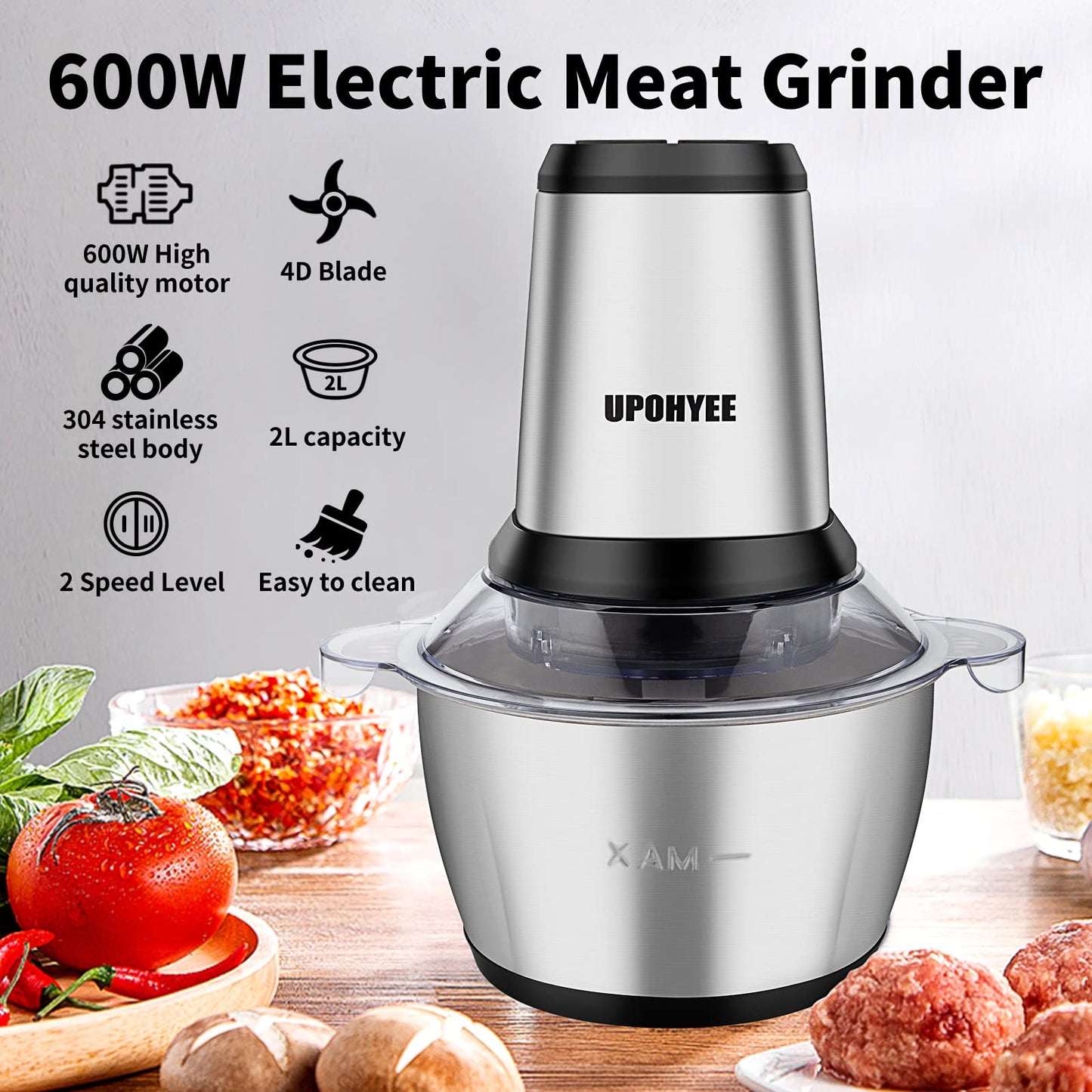 600W 2L stainless steel bowl food processor with 2 speed settings. Electric kitchen chopper with 4 blades for vegetables and garlic.
