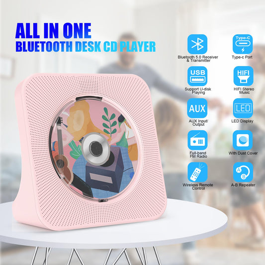 Gueray Portable CD Player with Bluetooth Desktop CD Player for Home Built-in Dual HiFi Speakers AUX Headphone Jack FM Radio Boombox with Remote Control USB Port LCD Display (Pink)