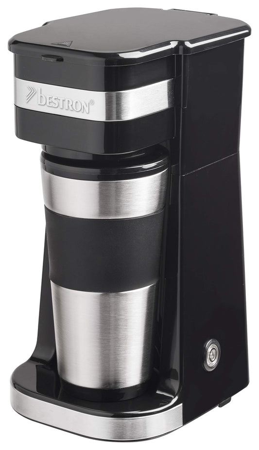 Bestron coffee maker with insulated mug, camping coffee maker for ground filter coffee, small coffee maker for 2 large cups, 750 watts, color: black/silver