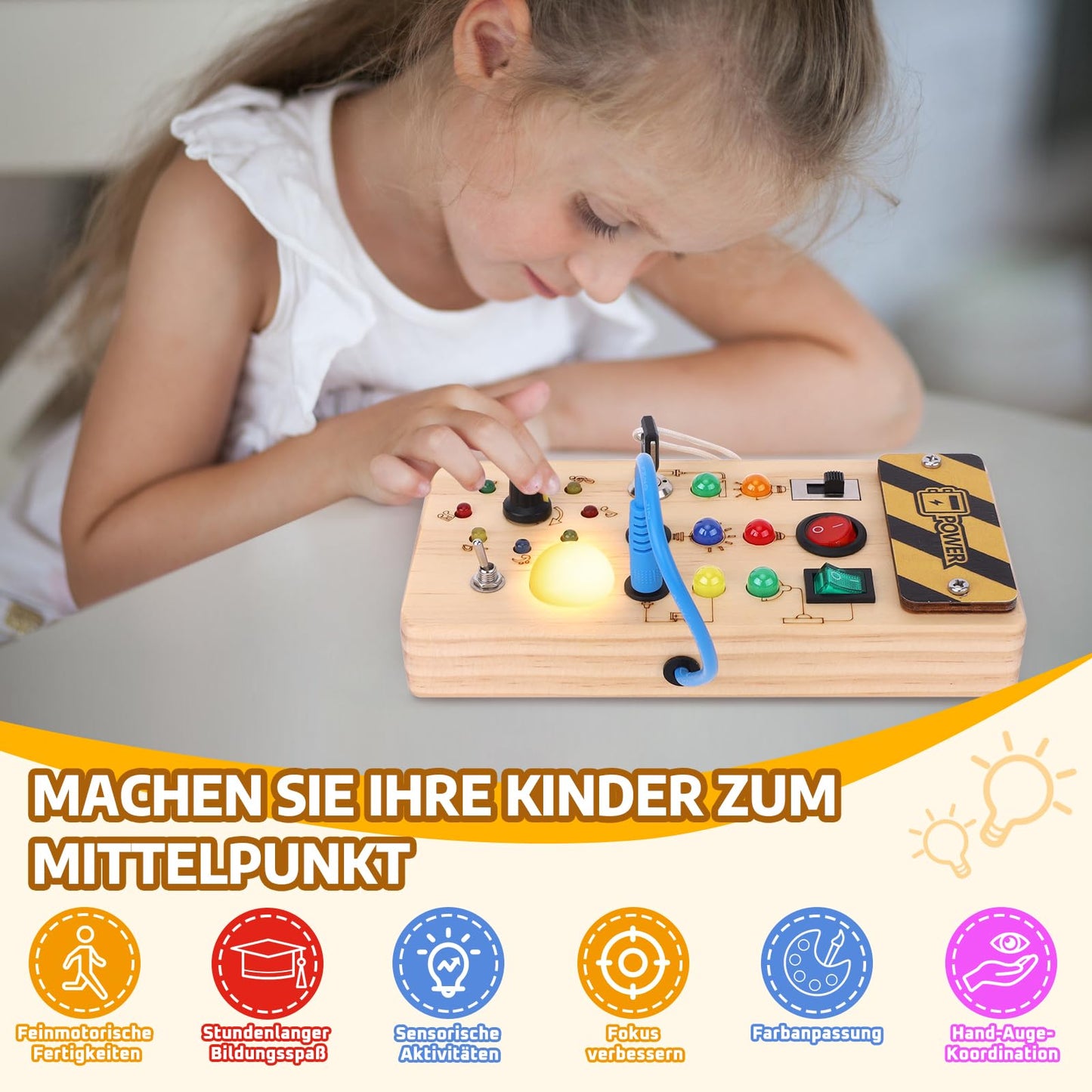 Hello Montessori Busy Board 1 year old Kids Activity Board Wooden Toy with 8 LED Light Switch Toy Sensory Learning Toys Suitable for 1 2 3 4 year old Babies