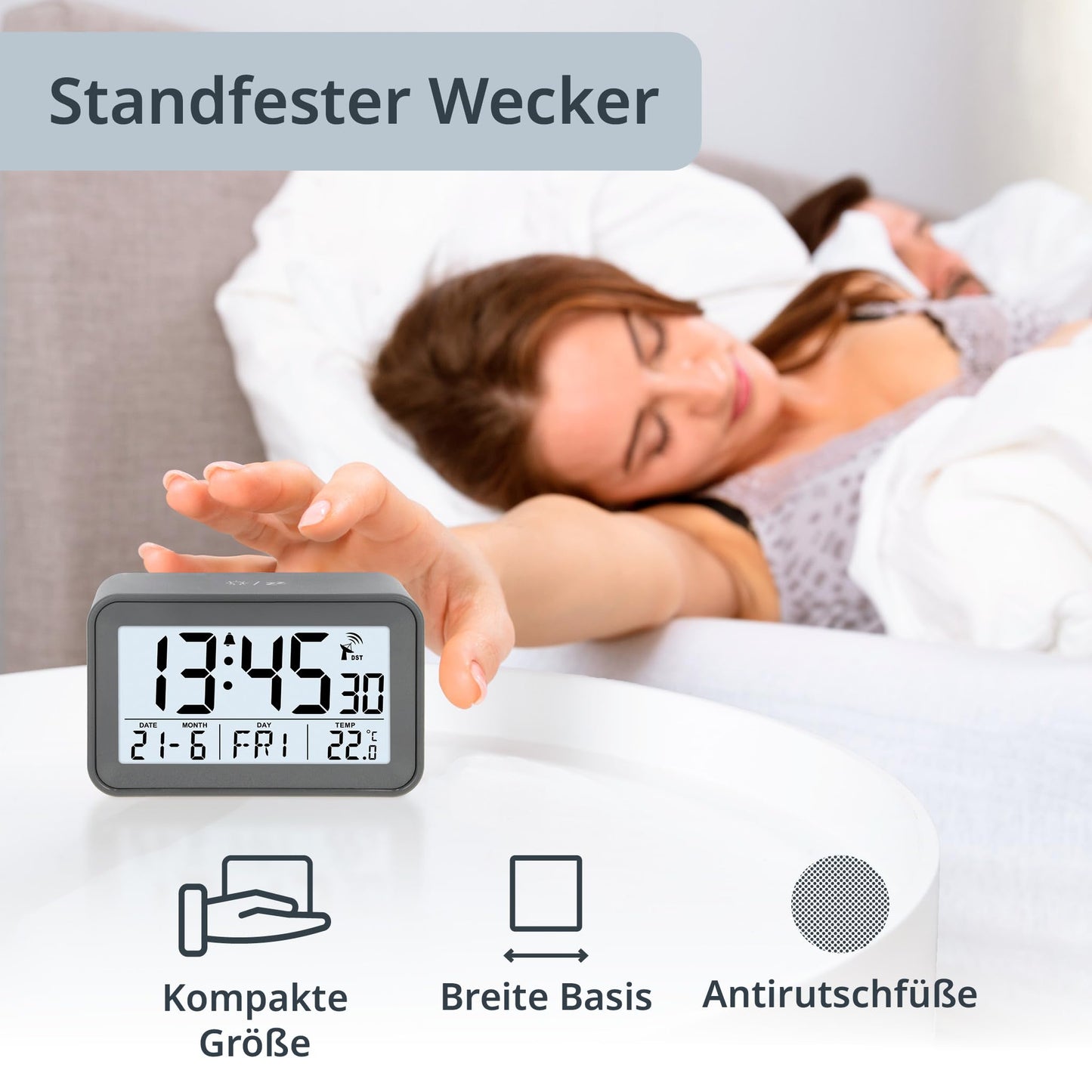 ADE Digital Alarm Clock with Light | Clock with temperature and calendar display | compact travel alarm clock | pretty matte gray case | with battery