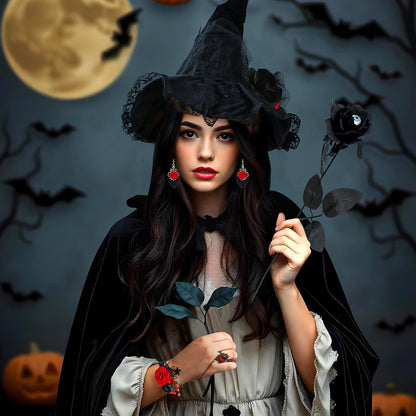 FHzytg Witch Costume Women Halloween, Halloween Costume Women with Black Cape, Lace Mask Necklace Gloves, Halloween Witch Hat, Vampire Sexy Creepy Witch Costume Cosplay Party