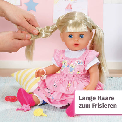 BABY born Kindergarten Little Sister doll with hair and functions, no batteries required. Includes accessories. Suitable for children aged 3 and up. 36 cm tall. Zapf Creation product number 828533.