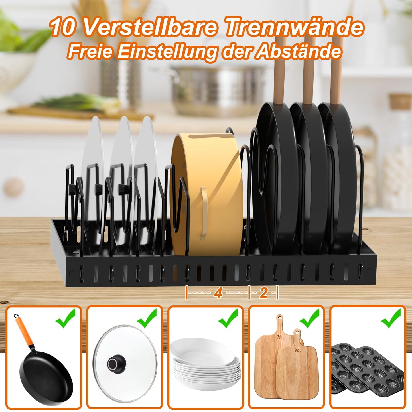 FLSEPAMB Pot Lid Holder, Expandable Lid Holder Drawer with 10 Adjustable Compartments, Metal Pot Lid Organizer for Kitchen Utensils, Pans, Pots, Lids (Black)