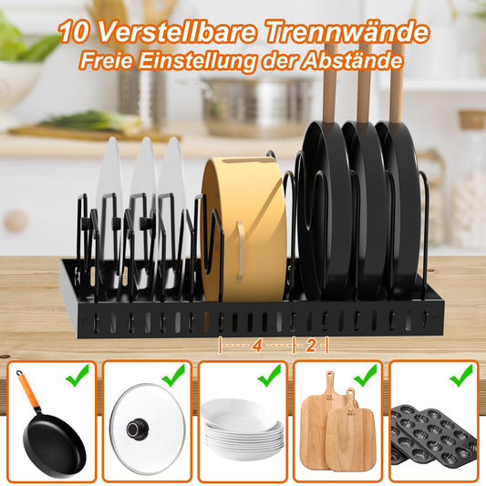 FLSEPAMB Pot Lid Holder, Expandable Lid Holder Drawer with 10 Adjustable Compartments, Metal Pot Lid Organizer for Kitchen Utensils, Pans, Pots, Lids (Black)