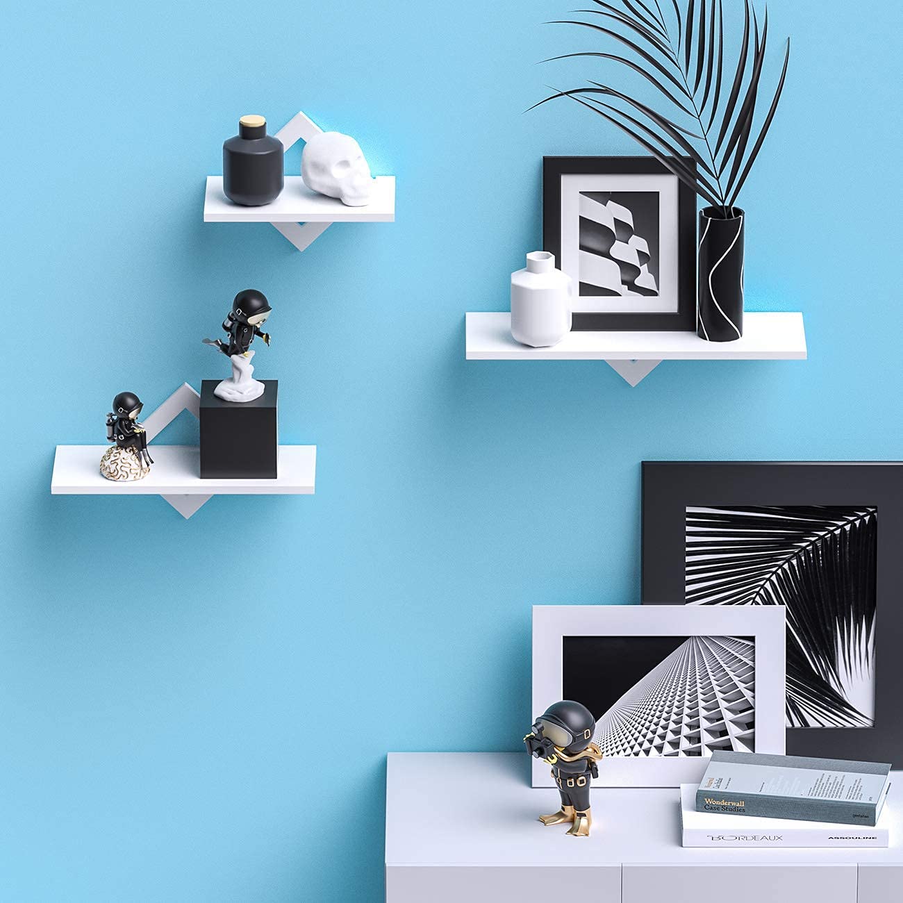 piorlado Wall Shelf Set in white, floating wooden shelf, sturdy wall hanging shelf board for up to 9kg, perfect for living room, bedroom, hallway, kitchen, shelf board lengths of 27/34/42cm.