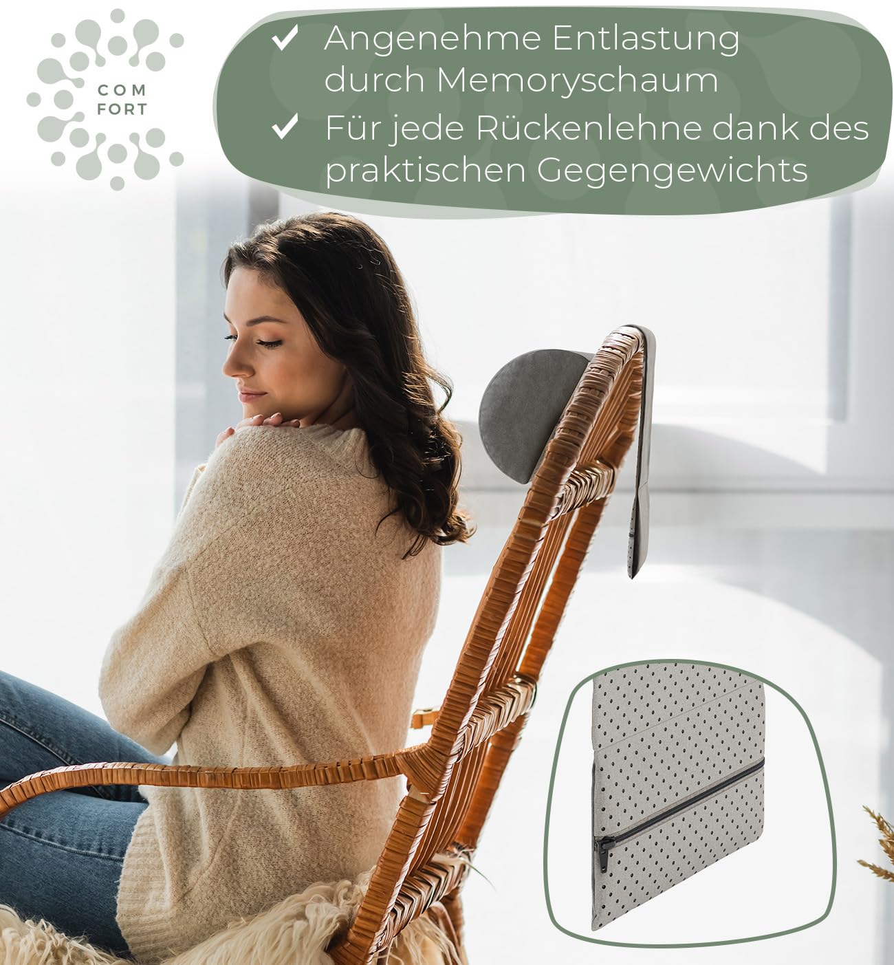 Neck roll for chair with counterweight (100% memory foam), neck pillow for sofa couch hanging, neck support for headboard bed, pillow for lounge chair, ergonomic neck pillow, neck roll