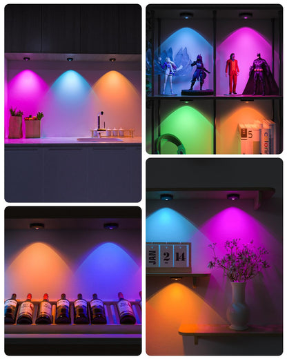 WILLED USB rechargeable RGB LED spots battery with remote control, color changing LED under cabinet light, magnetic dimmable battery cabinet lighting, wireless display lighting with timing function (6 pack)