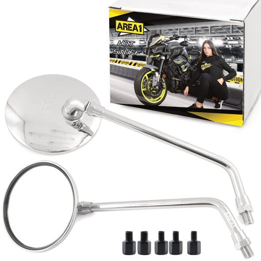 Area1 Universal Motorcycle Mirrors Pair E-certified 2xM10 right-hand thread + 5 adapters, mirrors for Vintage Custom Chopper Retro Naked-Bikes Scrambler Streetfighter Cafe-Racer (round/chrome)