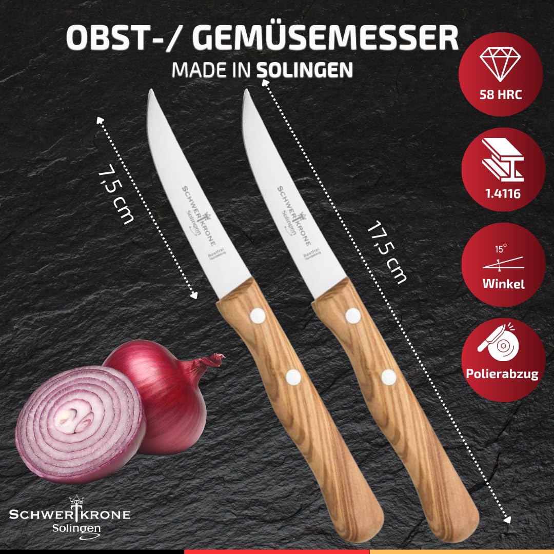 Sword Crown Kitchen Knife Set Solingen - Fruit & Vegetable Knife, 2 pieces, stainless steel, rustproof, olive wood, 3" blade.