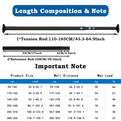 Automg 3M Extra Long Telescopic Pole without drilling Curtain Rod Extendable Telescopic Clothes Rail for Bathroom, Bedroom Black (300-355CM Φ32mm)