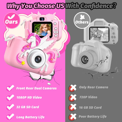 Children's camera, Unicorn Selfie Digital Camera with 32GB Card, Christmas birthday gift for boys and girls, 1080P HD Kids Camera, gifts toy for 3 4 5 6 7 8 9 10 11 12 years.