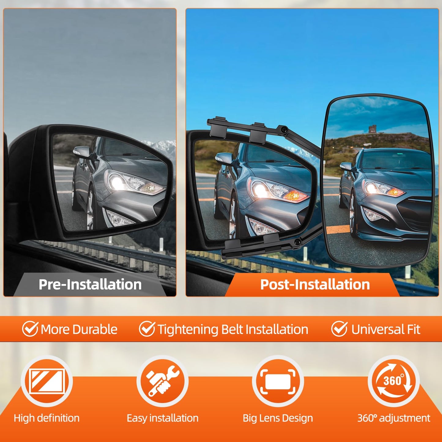 KAOLALI caravan mirrors, 2 pieces universal wing mirrors 2-piece set, car double side mirror, caravan wing mirrors, trailer mirrors for RV and Caravan, rotatable and foldable