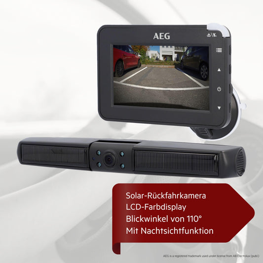 AEG Solar-powered backup camera RV 4.3, wireless, digital, parking/ maneuvering aid, with transmitter, LCD dual display, waterproof, night vision.